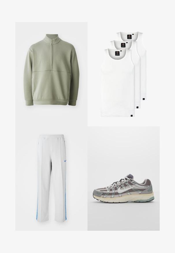 Ljusgrön, långärmad tröja med hög krage och halvmått. Mjuk textur med en horisontell sömdetalj över bröstet.; Tre vita ribbade linnen i bomull. Har rund halsringning och små svarta etiketter vid fållen. Finns i flera storlekar.; Ljusgrå sportbyxor med blå sidostråk, med avslappnad passform, elastisk midja och dragkedjefickor. Nike-logotyp på framsidan.; Grå atletiska sko med en överdel av mesh och mocka, vita accenter, en vadderad sula och en unik design med reflekterande element.