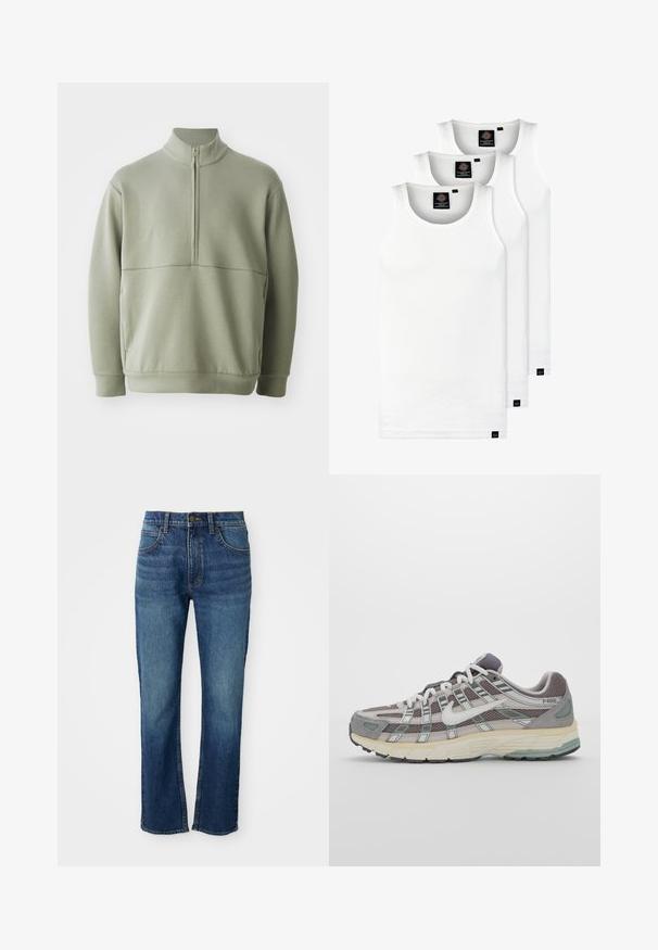 Lys grønn, langermet genser med høy krage og halv glidelås. Myk tekstur med horisontal sømdetalj over brystet.; Tre hvite ribbestrikkede tank topper laget av bomull. Har en rund hals og små svarte etiketter nær kanten. Tilgjengelig i flere størrelser.; Blå denimjeans med rett ben-design, med fem lommer, en knappestigning og kontrasterende gul søm. Glatt tekstur.; Grå treningssko med overdel i nett og semsket skinn, hvite detaljer, en polstret såle, og et særpreget design med reflekterende elementer.