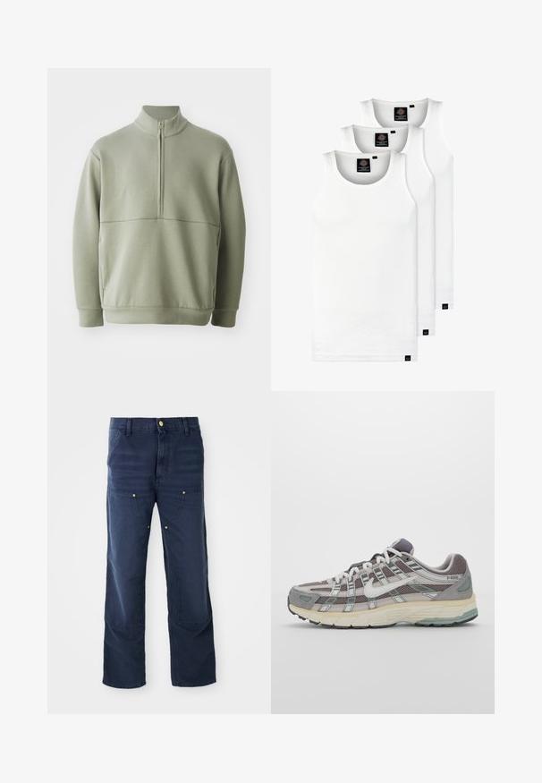 Lichtgroene, langslijve pullover met een hoge kraag en een halve rits. Zachte textuur met een horizontale naaddetails over de borst.; Drie witte geribde tanktops van katoen. Kenmerken zijn een ronde hals en kleine zwarte labels nabij de zoom. Verkrijgbaar in meerdere maten.; Marineblauwe cargobroeken van denim, met een recht model, voorzakken en gouden knoopaccenten.; Grijze sportieve schoen met een bovenwerk van mesh en suede, witte accenten, een gevoerde zool en een onderscheidend ontwerp met reflecterende elementen.