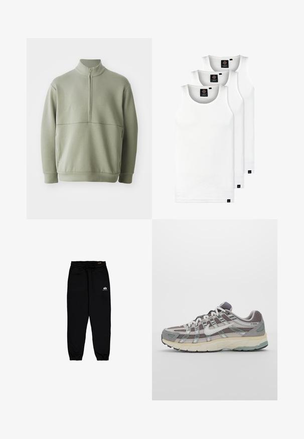 Lys grøn, langærmet pullover med høj krave og halv lynlås. Blød tekstur med en horisontal sømdetalje på brystet.; Tre hvide ribbede tanktops lavet af bomuld. Har en rund hals og små sorte mærker nær sømmen. Fås i flere størrelser.; Sorte joggerbukser lavet af blødt, strækbart stof. Har en elastisk talje med snøre og elastiske manchetter. Lille hvidt logo på hoften.; Grå sportssko med overdel i mesh og ruskind, hvide accenter, en polstret sål og et særpræget design med reflekterende elementer.