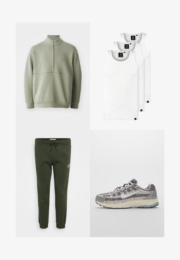 Světlá zelená mikina s dlouhým rukávem, vysokým límečkem a půlzipem. Měkká textura s horizontálním švem přes hruď.; Tři bílé žebrované tílka vyrobené z bavlny. Mají kulatý výstřih a malé černé štítky poblíž lemu. Dostupné v několika velikostech.; Olive zelené tepláky vyrobené z měkké bavlněné směsi, s elastickým pasem se šňůrkou a žebrovanými manžetami na kotnících.; Šedá sportovní obuv s vrchní částí z mikrovlákna a semiše, bílými akcenty, polstrovanou podrážkou a jedinečným designem s reflexními prvky.