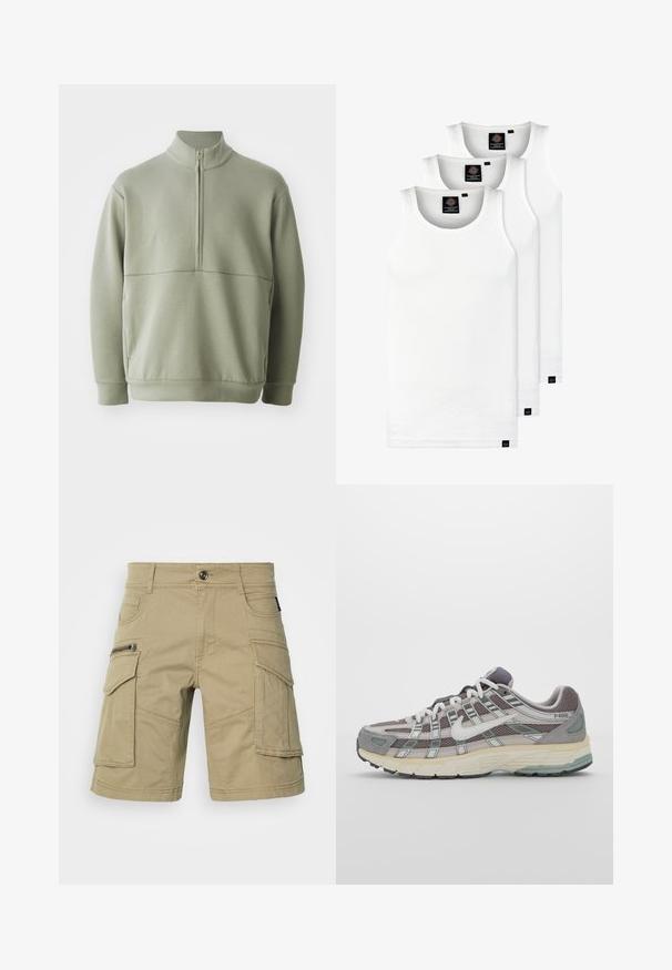 Pullover verde chiaro a maniche lunghe con colletto alto e mezza cerniera. Texture morbida con un dettaglio a cucitura orizzontale sulla parte anteriore.; Tre canotte bianche a coste in cotone. Presentano un colletto rotondo e piccole etichette nere vicino all'orlo. Disponibile in diverse taglie.; Pantaloni cargo beige realizzati in tessuto resistente, dotati di molteplici tasche, una tasca laterale con zip e dettagli cuciti. Vita standard con bottone.; Scarpa sportiva grigia con tomaia in mesh e suede, dettagli bianchi, suola ammortizzata e un design distintivo con elementi riflettenti.