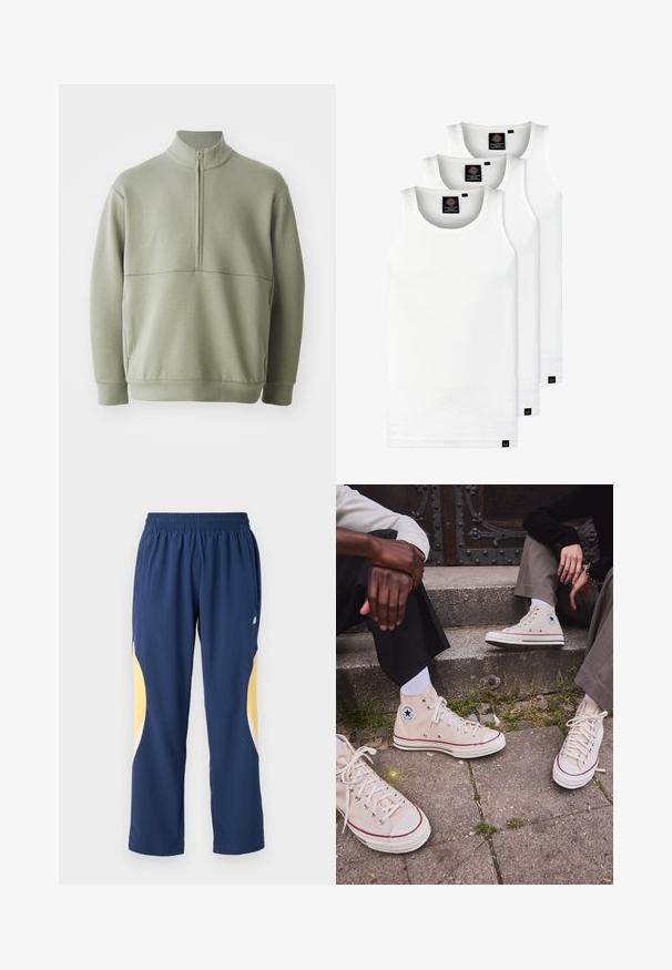 Lichtgroene, langslijve pullover met een hoge kraag en een halve rits. Zachte textuur met een horizontale naaddetails over de borst.; Drie witte geribde tanktops van katoen. Kenmerken zijn een ronde hals en kleine zwarte labels nabij de zoom. Verkrijgbaar in meerdere maten.; Marineblauwe sportbroek met een elastische tailleband. Bevat gele en witte gebogen accenten aan de zijkanten. Zachte, gladde stof.; Beige hoge canvas sneakers met rode streep, witte rubberen zool en metalen oogjes, met het iconische sterrenlogo aan de zijkant.