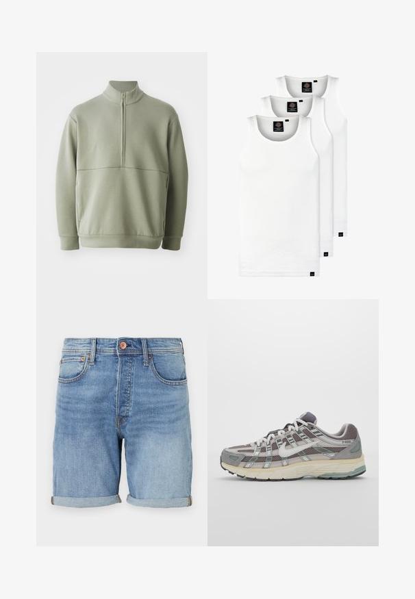 Lys grønn, langermet genser med høy krage og halv glidelås. Myk tekstur med horisontal sømdetalj over brystet.; Tre hvite ribbestrikkede tank topper laget av bomull. Har en rund hals og små svarte etiketter nær kanten. Tilgjengelig i flere størrelser.; Lyse blå denimshorts med en klassisk snitt, rullet hem, frontlommer og detaljer med kobberknapper. Myk tekstur og avslappet design.; Grå treningssko med overdel i nett og semsket skinn, hvite detaljer, en polstret såle, og et særpreget design med reflekterende elementer.