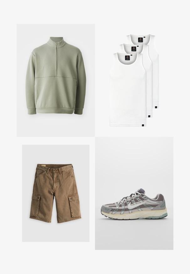 Világos zöld, hosszú ujjú pulóver magas gallérral és fél cipzárral. Puha tapintású, a mellkas fölött vízszintes varrási részlettel.; Három fehér csíkos pamut trikó. Felső része kerek nyakkivágású, és a szegély közelében kis fekete címkék találhatók. Több méretben elérhető.; Barna vászon cargo rövidnadrág, két oldalzsebbel, melyek fedéllel záródnak, gombos derékrésszel és laza szabással. Sima textúra.; Szürke sportcipő, hálós és velúr felsőrésszel, fehér részletekkel, párnázott talppal és jellegzetes dizájnnal, amely visszaverő elemeket tartalmaz.