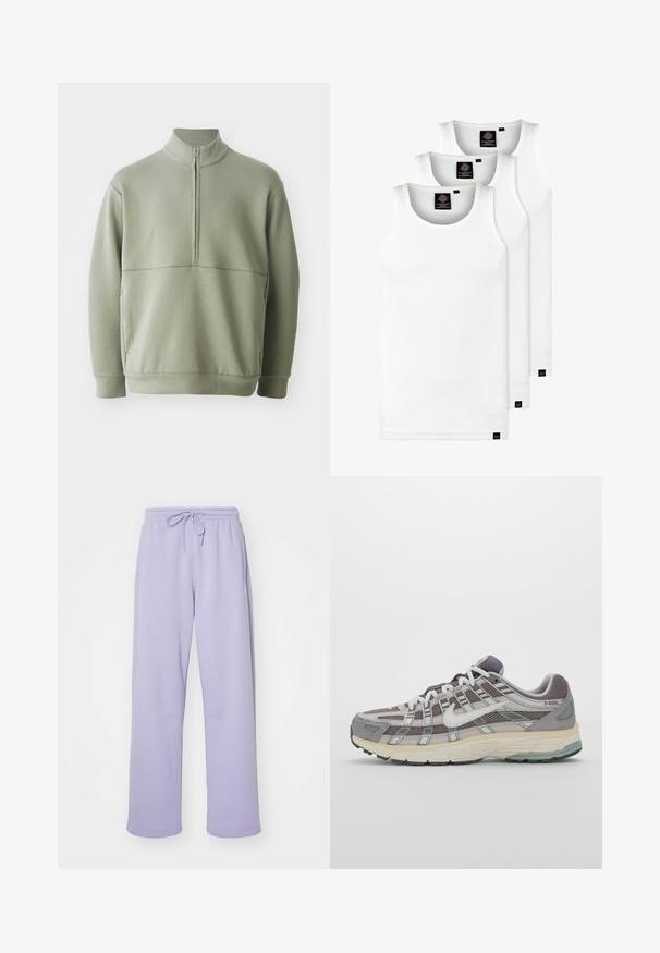 Gaiši zaļš, garām piedurknēm, džemperis ar augstu apkakli un pusi rāvējslēdzēju. Mīksta tekstūra ar horizontālu šuvju detaļu krūšu rajonā.; Trīs baltas ribotas krūšturi, kas izgatavoti no kokvilnas. Iezīmēti ar apaļu kakla izgriezumu un maziem melniem etiķetēm tuvu apakšmalai. Pieejami vairākos izmēros.; Violeta sporta bikses ar elastīgu jostasvietu un auklu. Mīksts audums, taisnu kāju dizains un sānu kabatas. Gluda tekstūra.; Pelēkie sporta apavi ar tīkla un zamša augšdaļu, baltiem akcentiem, mīkstinātu zoli un izcilu dizainu ar atstarotājiem.