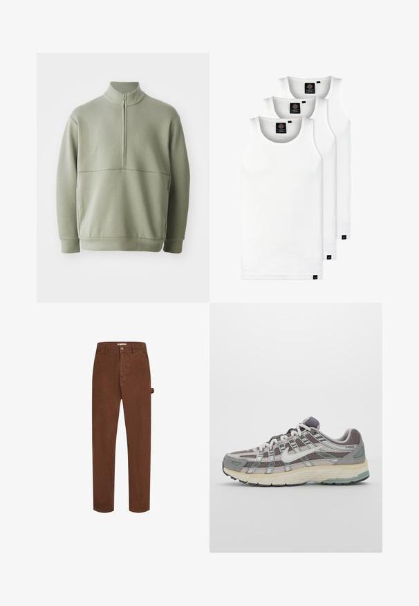 Jasnozielony, długi sweter z długim rękawem, o wysokim kołnierzu i pół-zamkiem. Miękka tekstura z poziomym szwem na wysokości klatki piersiowej.; Trzy białe prążkowane koszulki na ramiączkach wykonane z bawełny. Posiadają okrągły dekolt i małe czarne metki blisko dolnego brzegu. Dostępne w różnych rozmiarach.; Brązowe spodnie z korduroyu o prostym kroju, z przodem na guziki i pojedynczym detalem w postaci pętli z boku. Tkanina ma miękką, teksturowaną powierzchnię.; Szare buty sportowe z siateczkowym i zamszowym wierzchem, białymi akcentami, amortyzowaną podeszwą oraz charakterystycznym designem z elementami odblaskowymi.
