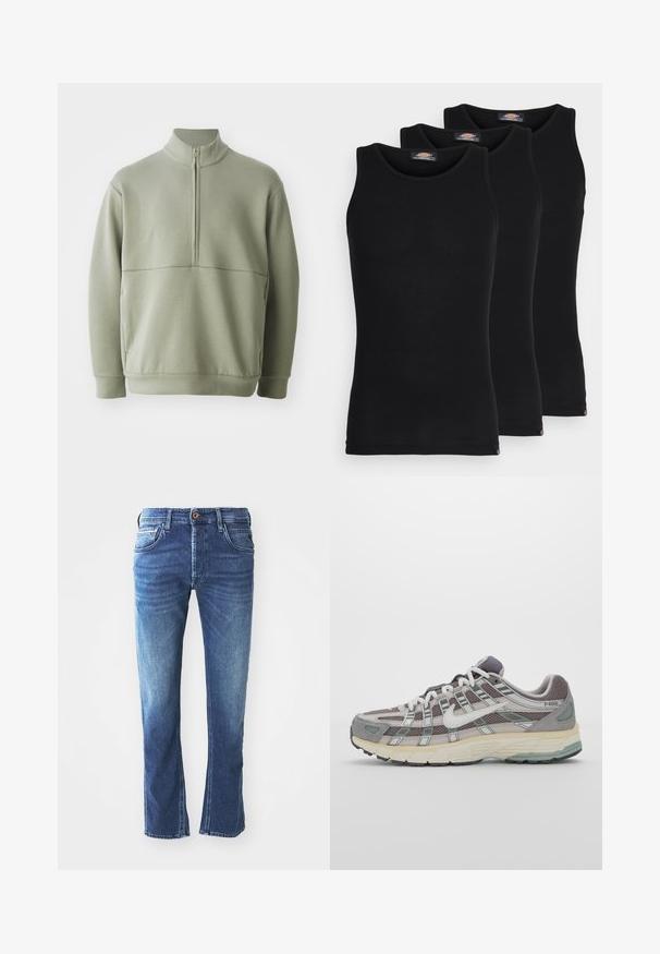 Pullover verde chiaro a maniche lunghe con colletto alto e mezza cerniera. Texture morbida con un dettaglio a cucitura orizzontale sulla parte anteriore.; Magliette senza maniche nere in confezione da tre. Texture a coste, scollatura a giro standard. L'orlo presenta un piccolo logo del brand nella parte inferiore.; Jeans in denim blu scuro con design a gamba dritta, dotati di cinque tasche, chiusura con bottone marrone e leggera sbiaditura sui fianchi.; Scarpa sportiva grigia con tomaia in mesh e suede, dettagli bianchi, suola ammortizzata e un design distintivo con elementi riflettenti.