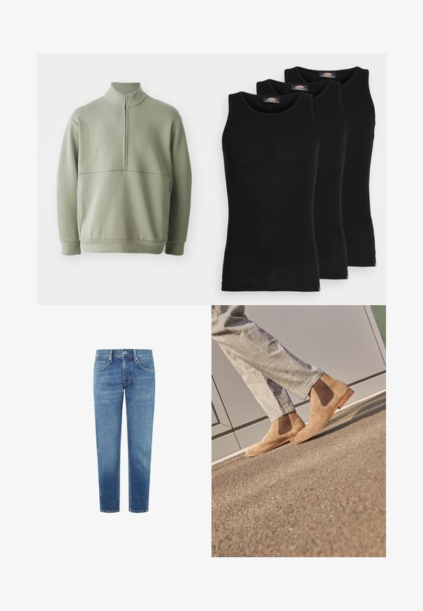 Suéter de manga larga verde claro con un cuello alto y media cremallera. Textura suave con un detalle de costura horizontal en el pecho.; Camisetas sin mangas negras en un pack de tres. Textura acanalada, escote redondo estándar. El dobladillo presenta un pequeño logo de la marca en la parte inferior.; Jeans de denim azul claro con corte recto, cinco bolsillos y una cinturilla clásica. Textura suave con un ligero desgaste y costuras en contrastante.; Botas Chelsea de ante marrón con paneles laterales elásticos y suela de goma color miel lisa, combinadas con pantalones gris claro sobre una superficie texturada.