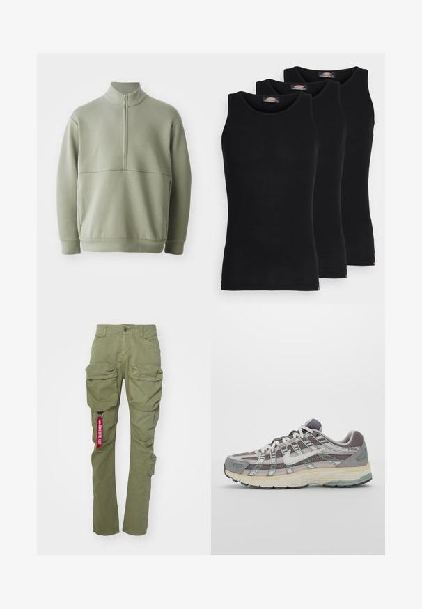 Hellgrüner Pulli mit langen Ärmeln, hohem Kragen und halbem Reißverschluss. Weiche Textur mit einer horizontalen Nahtdetails über der Brust.; Schwarze Tanktops im Dreierpack. Gerippte Textur, klassischer Rundhalsausschnitt, ohne Ärmel. Der Saum hat am unteren Ende ein kleines Markenlogo.; Alpha Industries TACTICAL PANT - Cargohose - olive; Grauer Sportschuh mit einem Obermaterial aus Mesh und Wildleder, weißen Akzenten, einer gepolsterten Sohle und einem charakteristischen Design mit reflektierenden Elementen.