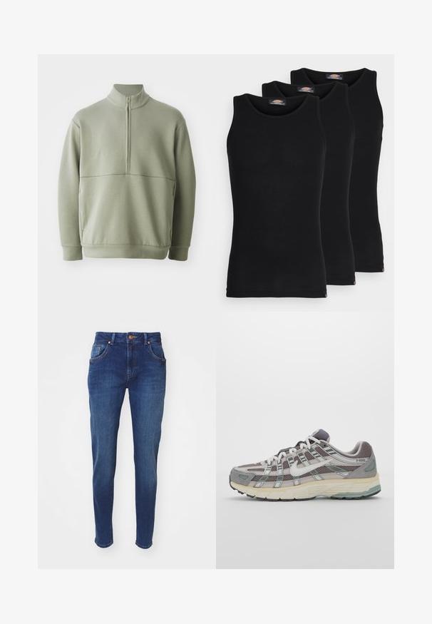 Világos zöld, hosszú ujjú pulóver magas gallérral és fél cipzárral. Puha tapintású, a mellkas fölött vízszintes varrási részlettel.; Fekete ujjatlan trikók három darabos kiszerelésben. Bordás textúra, klasszikus kerek nyakkivágás. Az alján kis márkajelzés található.; Sötétkék farmernadrág, egyenes szárú dizájnnal, öt zsebes stílusban és réz gombos záródással. A világos kopások textúrát adnak.; Szürke sportcipő, hálós és velúr felsőrésszel, fehér részletekkel, párnázott talppal és jellegzetes dizájnnal, amely visszaverő elemeket tartalmaz.