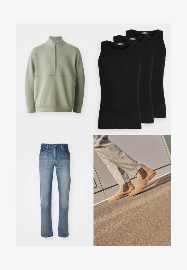 Suéter de manga larga verde claro con un cuello alto y media cremallera. Textura suave con un detalle de costura horizontal en el pecho.; Camisetas sin mangas negras en un pack de tres. Textura acanalada, escote redondo estándar. El dobladillo presenta un pequeño logo de la marca en la parte inferior.; Jeans de mezclilla azul con un diseño de pierna recta, con un lavado desgastado, cinco bolsillos y un cierre de botón de metal en la cinturilla.; Botas Chelsea de ante marrón con paneles laterales elásticos y suela de goma color miel lisa, combinadas con pantalones gris claro sobre una superficie texturada.