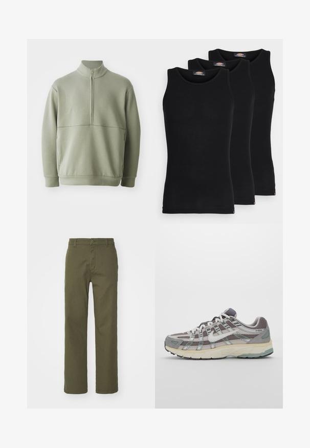 Světlá zelená mikina s dlouhým rukávem, vysokým límečkem a půlzipem. Měkká textura s horizontálním švem přes hruď.; Černé tílka v balení po třech. Žebrovaná textura, standardní kulatý výstřih, bez rukávů. Spodní lem má malé logo značky.; Olivové kalhoty s přímým střihem, zapínáním na knoflík a zip a bočními kapsami. Látka vypadá hladce s mírnou texturou.; Šedá sportovní obuv s vrchní částí z mikrovlákna a semiše, bílými akcenty, polstrovanou podrážkou a jedinečným designem s reflexními prvky.