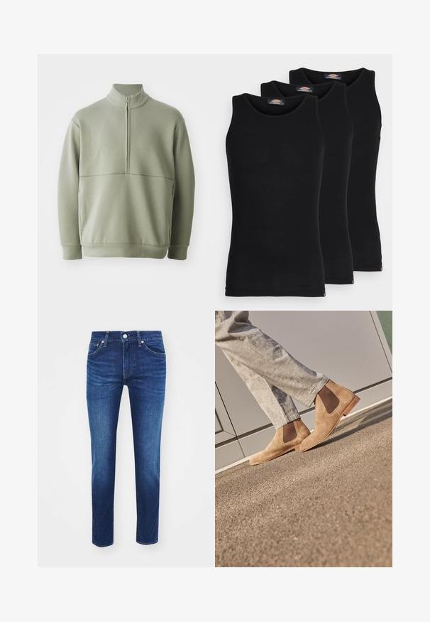 Heledad rohelise, pika varrukaga kootud särk kõrge kraega ja pooltaskuga. Pehme tekstuur, millel on horisontaalne õmbluse detail rinnaosas.; Mustad mustasid maikat, pakis kolm tükki. Ribidega tekstuur, standardne ümardatud kaelus, ilma varrukateta. Hemil on all väike brändi logo.; Tumed sinine denimist teksapüksid otse lõikega, viie taskuga ja nööpkinni, kontrastsete õmbluste ja õrnade kulumisega.; Pruunist sametist Chelsea saapad elastsete külgpaneelidega ja siledast tan värvi kummitaldadega, koos heledate hallide pükstega tekstuurilisel pinnal.