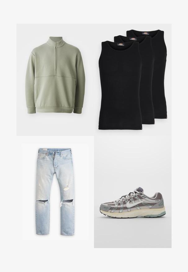 Heledad rohelise, pika varrukaga kootud särk kõrge kraega ja pooltaskuga. Pehme tekstuur, millel on horisontaalne õmbluse detail rinnaosas.; Mustad mustasid maikat, pakis kolm tükki. Ribidega tekstuur, standardne ümardatud kaelus, ilma varrukateta. Hemil on all väike brändi logo.; Heledsinine teksapüksid otse lõikega, millel on kulunud kohad ja olulised rebendid põlvedes. Klassikaline viie tasku disain.; Hallus hallitus jalanõud, millel on võrgust ja sametist ülemine osa, valged rõhutused, pehme tald ning eristuv disain peegelduvate elementidega.