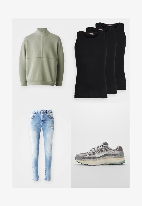 Lys grønn, langermet genser med høy krage og halv glidelås. Myk tekstur med horisontal sømdetalj over brystet.; Sorte tanktopper i en pakke med tre. Ribbet tekstur, standard rund hals, uten ermer. Sømmen har en liten merkevarelogo nederst.; Lyseblå denimjeans med en falmet finish, med slitte lapper og en klassisk fem-lomme-design. Rett ben med en middels høyde på livet.; Grå treningssko med overdel i nett og semsket skinn, hvite detaljer, en polstret såle, og et særpreget design med reflekterende elementer.