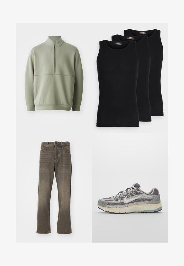 Light green, long-sleeve pullover with a high collar and half zipper. Soft texture with a horizontal seam detail across the chest.; Black tank tops in a pack of three. Ribbed texture, standard crew neckline, no sleeves. Hem features small brand logo at the bottom.; Brown denim jeans with a straight leg design, featuring a faded texture, traditional five-pocket styling, and metal button closure.; Gray athletic shoe featuring a mesh and suede upper, white accents, a cushioned sole, and a distinctive design with reflective elements.