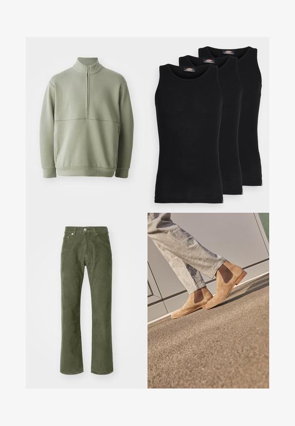 Svetlo zeleni pulover z dolgimi rokavi, visokim ovratnikom in polnim zadrgo. Mehak material z vodoravno šivano podrobnostjo čez prsi.; Črne majice brez rokavov v paketu treh. Rebrasta struktura, standardni okrogel izrez, brez rokavov. Rob ima majhen logotip blagovne znamke na dnu.; Olivno zeleni kordurojski hlače s ravnim krojem, ki vključujejo zadrgo, gumbasto zapiranje in dve sprednji žepi. Mehka tekstura in trpežno blago.; Rjavi semiš Chelsea čevlji z elastičnimi stranskimi paneli in gladkim svetlo rjavim gumijastim podplatom, ujemajoče se s svetlo sivimi hlačami na teksturirani površini.