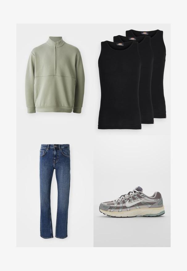 Svetlo zeleni pulover z dolgimi rokavi, visokim ovratnikom in polnim zadrgo. Mehak material z vodoravno šivano podrobnostjo čez prsi.; Črne majice brez rokavov v paketu treh. Rebrasta struktura, standardni okrogel izrez, brez rokavov. Rob ima majhen logotip blagovne znamke na dnu.; Svijetloplave traperice s ravnim nogavicama, stil s pet džepova i metalnim zatvaranjem. Sadrže diskretne šavove i glatku teksturu.; Sive športne čevlje z zgornjim delom iz mrežastega in semiš materiala, belimi akcenti, oblazinjenim podplatom ter edinstvenim dizajnom z odsevnimi elementi.