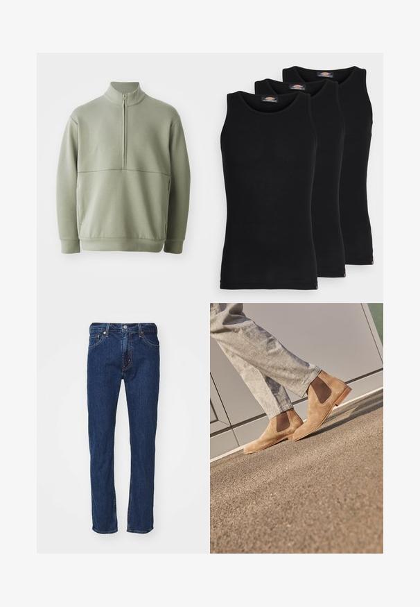 Heledad rohelise, pika varrukaga kootud särk kõrge kraega ja pooltaskuga. Pehme tekstuur, millel on horisontaalne õmbluse detail rinnaosas.; Mustad mustasid maikat, pakis kolm tükki. Ribidega tekstuur, standardne ümardatud kaelus, ilma varrukateta. Hemil on all väike brändi logo.; Tumedast sinisest denimist teksad sirge lõikega, millel on oranž õmblus, nööpide sulg ja klassikaline viie tasku disain.; Pruunist sametist Chelsea saapad elastsete külgpaneelidega ja siledast tan värvi kummitaldadega, koos heledate hallide pükstega tekstuurilisel pinnal.