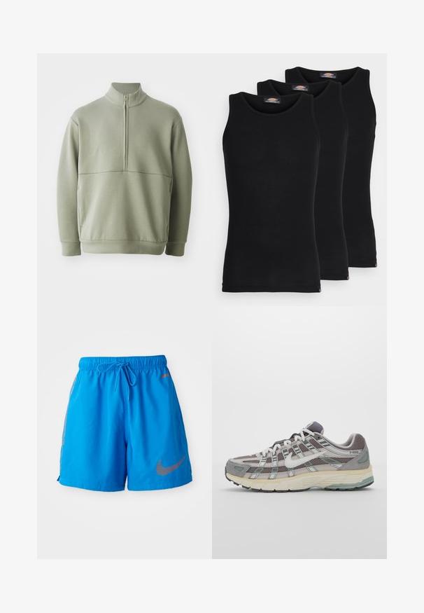 Šviesiai žalias, ilgos rankovės megztinis su aukšta apykakle ir pusiau užtrauktuku. Minkšta tekstūra su horizontalia siūle per krūtinę.; Juodi maikutai trijų pakuotėje. Raštuota tekstūra, standartinė apvalia iškirpte, be rankovių. Apačia papuošta mažuoju prekės ženklu.; Mėlyni šortai, pagaminti iš lengvo audinio, su elastinga juosmens juosta ir raišteliu. Savo ruožtu turi spausdintą oranžinį Nike logotipą.; Pilkas sportinis batas su tinklu ir zomšos viršutine dalimi, baltomis detalėmis, paminkštintu padu ir išskirtiniu dizainu su atspindinčiais elementais.