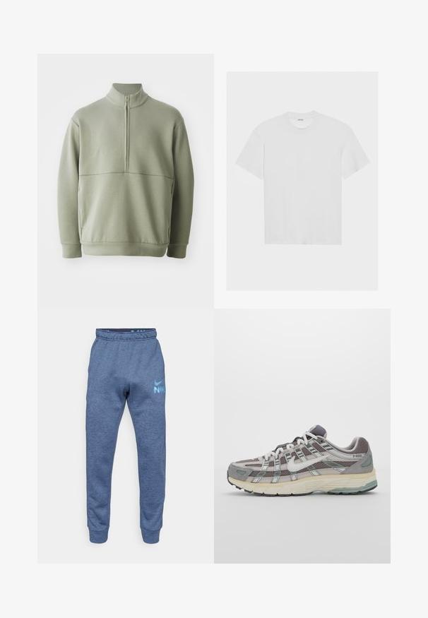 Hellgrüner Pulli mit langen Ärmeln, hohem Kragen und halbem Reißverschluss. Weiche Textur mit einer horizontalen Nahtdetails über der Brust.; Weißes Baumwoll-T-Shirt mit kurzen Ärmeln, Rundhalsausschnitt und lässiger Passform. Glatte Textur und keine sichtbaren Muster oder Akzente.; Blaue Nike Jogginghosen aus weichem, strukturiertem Stoff. Mit elastischem Bund, schmal zulaufendem Bein und einem auffälligen Logo in Hellblau.; Grauer Sportschuh mit einem Obermaterial aus Mesh und Wildleder, weißen Akzenten, einer gepolsterten Sohle und einem charakteristischen Design mit reflektierenden Elementen.