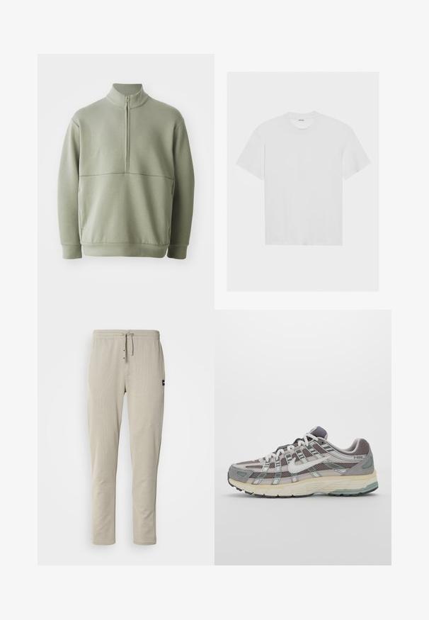 Gaiši zaļš, garām piedurknēm, džemperis ar augstu apkakli un pusi rāvējslēdzēju. Mīksta tekstūra ar horizontālu šuvju detaļu krūšu rajonā.; Balts kokvilnas T-krekls ar īsām piedurknēm, apaļu kakla izgriezumu un brīvu piegriezumu. Gluda tekstūra un nav redzamu rakstu vai akcentu.; Bežīgas sporta bikses, izgatavotas no mīkstas auduma, ar elastīgu jostasvietu, savelcamu auklu un divām priekšējām kabatām. Minimālistisks dizains ar sānu šuvēm.; Pelēkie sporta apavi ar tīkla un zamša augšdaļu, baltiem akcentiem, mīkstinātu zoli un izcilu dizainu ar atstarotājiem.