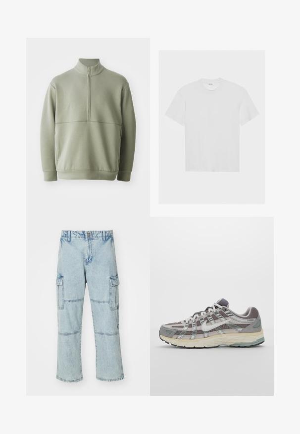 Šviesiai žalias, ilgos rankovės megztinis su aukšta apykakle ir pusiau užtrauktuku. Minkšta tekstūra su horizontalia siūle per krūtinę.; Balta medvilninė marškinė su trumpomis rankovėmis, apvaliu iškirpimu ir laisvu siluetu. Sklandus paviršius be matomų raštų ar akcentų.; Šviesiai mėlyni džinsiniai kargo kelniai su laisvu siluetu, dviem šoninėmis kišenėmis ir kelių pleistrų detalėmis. Yra užtrauktukas ir metalinis mygtuko užsegimas.; Pilkas sportinis batas su tinklu ir zomšos viršutine dalimi, baltomis detalėmis, paminkštintu padu ir išskirtiniu dizainu su atspindinčiais elementais.