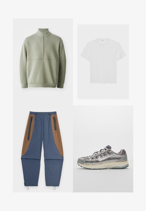 Jasnozielony, długi sweter z długim rękawem, o wysokim kołnierzu i pół-zamkiem. Miękka tekstura z poziomym szwem na wysokości klatki piersiowej.; Biała bawełniana koszulka z krótkim rękawem, okrągłym dekoltem i luźnym krojem. Gładka tekstura i brak widocznych wzorów lub akcentów.; Granatowe i brązowe spodnie sportowe z elastycznym pasem, zapinanymi na zamek kieszeniami po bokach oraz regulowanymi sznurkami przy nogawkach. Gładka faktura.; Szare buty sportowe z siateczkowym i zamszowym wierzchem, białymi akcentami, amortyzowaną podeszwą oraz charakterystycznym designem z elementami odblaskowymi.