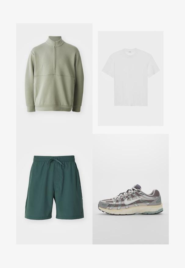 Pullover verde claro de mangas longas com colarinho alto e fecho de correr de meio comprimento. Textura suave com um detalhe de costura horizontal na zona do peito.; T-shirt de algodão branco com mangas curtas, decote redondo e um corte relaxado. Textura suave e sem padrões ou detalhes visíveis.; Nike Performance FORM SHORT - Calções desportivos - vintage green/black; Sapatilha atlética cinza com parte superior em malha e camurça, detalhes brancos, sola acolchoada e um design distinto com elementos refletivos.
