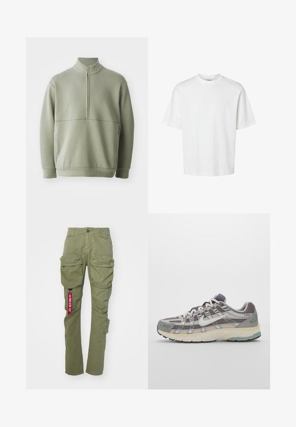 Světlá zelená mikina s dlouhým rukávem, vysokým límečkem a půlzipem. Měkká textura s horizontálním švem přes hruď.; Bílý bavlněný tričko s krátkými rukávy, klasickým kulatým výstřihem a volným střihem. Hladká textura bez viditelných vzorů nebo akcentů.; Alpha Industries TACTICAL PANT - Kapsáče - olive; Šedá sportovní obuv s vrchní částí z mikrovlákna a semiše, bílými akcenty, polstrovanou podrážkou a jedinečným designem s reflexními prvky.