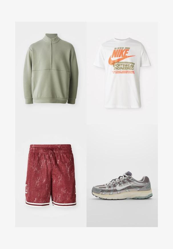 Pulover lung cu mânecă lungă, de culoare verde deschis, cu guler înalt și fermoar pe jumătate. Textură moale cu un detaliu de cusătură orizontală pe piept.; Tricou alb din bumbac cu un mare logo portocaliu "NIKE" și text verde care spune "SPORTSWEAR ENGINEERED" și specificații suplimentare.; Shorts roșii din plasă cu un model texturat, accente albe și talie cu șnur. Dispune de buzunare laterale și un logo pe piciorul stâng.; Pantofii sport gri sunt realizați dintr-un amestec de plasă și piele întoarsă, cu accente albe, o talpă bine îmbrăcată și un design distinctiv cu elemente reflectorizante.