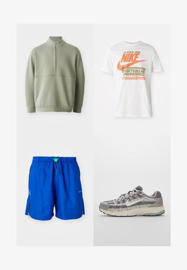 Vaaleanvihreä pitkähihainen neulepusero, jossa on korkea kaulus ja puoli vetoketju. Pehmeä pinta ja vaakasuora sauman yksityiskohta rinnassa.; Valkoinen puuvillatee-paita, jossa on suuri oranssi "NIKE" -logo ja vihreä teksti, joka lukee "SPORTSWEAR ENGINEERED" sekä lisätietoja.; Siniset urheilulliset uimalahkeet, joissa on joustava vyötärö ja säädettävä nauhakuja. Varustettu vetoketjullisilla taskuilla ja logoakkentilla edessä.; Harmaa urheilukenkä, jossa on verkko- ja mokkanahkainen yläosa, valkoiset yksityiskohdat, pehmustettu pohja ja erottuva muotoilu heijastavilla elementeillä.