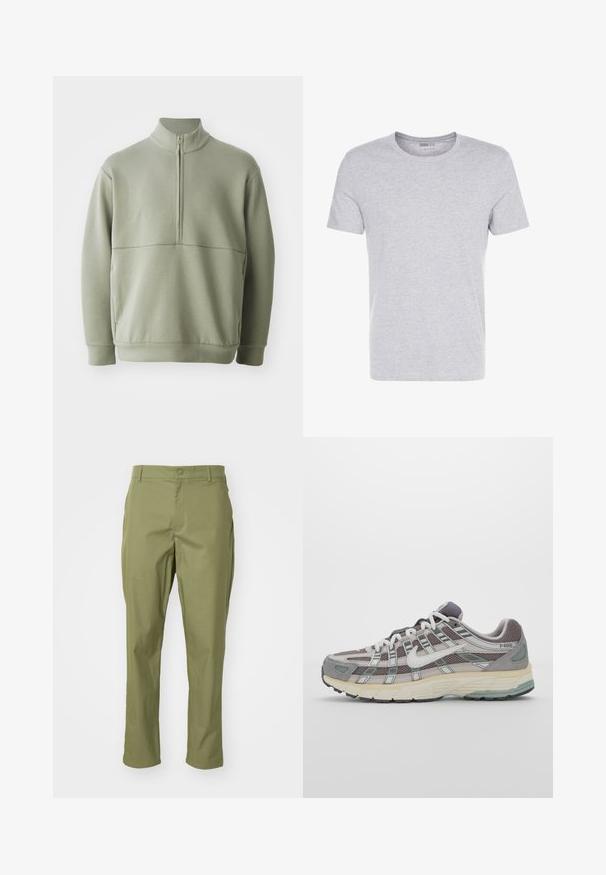 Gaiši zaļš, garām piedurknēm, džemperis ar augstu apkakli un pusi rāvējslēdzēju. Mīksta tekstūra ar horizontālu šuvju detaļu krūšu rajonā.; Pelēks kokvilnas T-krekls ar apaļu kakla izgriezumu, īsām piedurknēm un vienkāršu dizainu, ar maigu, gludu tekstūru un bez redzamām rakstiem vai rotājumiem.; Olīvu zaļas bikses ar taisnu kāju siluetu, kas aprīkotas ar pogu aizdari un pielāgotu dizainu. Gluda auduma, bez redzamām rakstu zīmēm.; Pelēkie sporta apavi ar tīkla un zamša augšdaļu, baltiem akcentiem, mīkstinātu zoli un izcilu dizainu ar atstarotājiem.