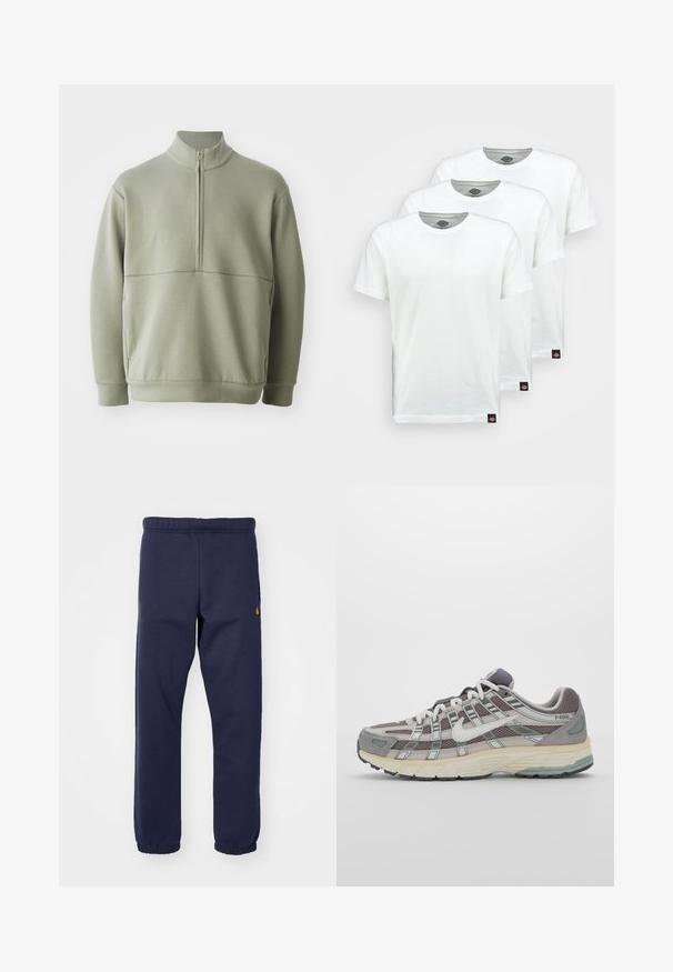 Pullover verde claro de mangas longas com colarinho alto e fecho de correr de meio comprimento. Textura suave com um detalhe de costura horizontal na zona do peito.; Três t-shirts de algodão brancas simples com mangas curtas. Cada t-shirt possui uma gola redonda e uma pequena etiqueta de logotipo preta no lado esquerdo.; Calças de moletom azul marinho com cintura elástica, punhos canelados e um pequeno detalhe de logotipo do lado esquerdo. Feitas de um tecido macio e elástico.; Sapatilha atlética cinza com parte superior em malha e camurça, detalhes brancos, sola acolchoada e um design distinto com elementos refletivos.