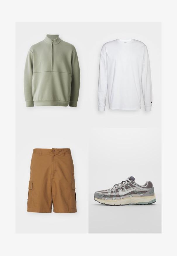 Gaiši zaļš, garām piedurknēm, džemperis ar augstu apkakli un pusi rāvējslēdzēju. Mīksta tekstūra ar horizontālu šuvju detaļu krūšu rajonā.; Balta garām piedurknēm T-kreklā, kas izgatavots no kokvilnas. Arapa kakla dizains ar ribotām aprocēm un mazu logotipu uz kreisās piedurknes. Gluda tekstūra.; Brūni kravas šorti ar teksturētu audumu, pogu aizdari, sānu kabatām un taisnu piegriezumu. Jostasvietā ir jostas cilpas, lai pielāgotu izmēru.; Pelēkie sporta apavi ar tīkla un zamša augšdaļu, baltiem akcentiem, mīkstinātu zoli un izcilu dizainu ar atstarotājiem.