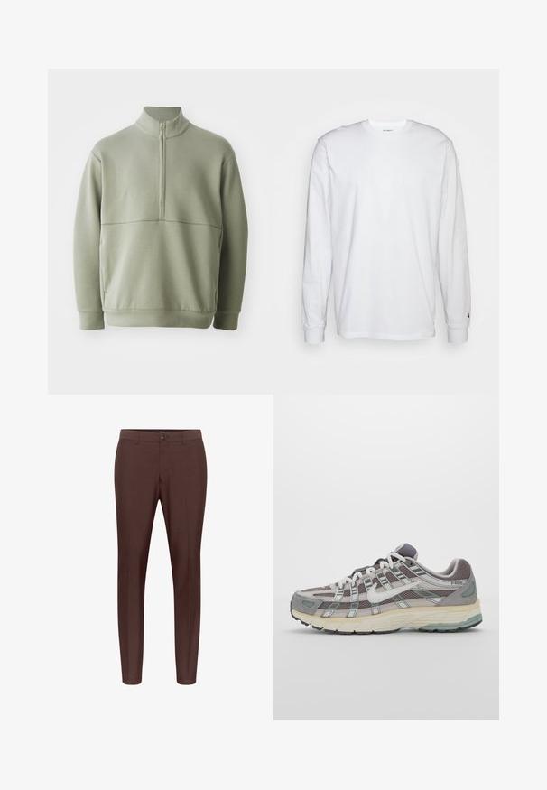 Svijetlozelena, dugosveđena majica s visokim ovratnikom i polu-zipperom. Mehak materijal s horizontalnom šavom preko prsa.; Bijela dugopruga majica s dugim rukavima od pamuka. Dizajn s okruglim izrezom, rebrastim manžetama i malim logotipom na lijevom rukavu. Glatka tekstura.; Smeđe krojene hlače s ravnim prednjim dijelom, petljama za remen i jednim kopčanjem na dugme. Izrađene od glatkog materijala s ravnim krojem.; Siva sportska tenisica s gornjim dijelom od mrežaste tkanine i zamshta, bijelim detaljima, amortizirajućom potplatom i prepoznatljivim dizajnom s refleksivnim elementima.