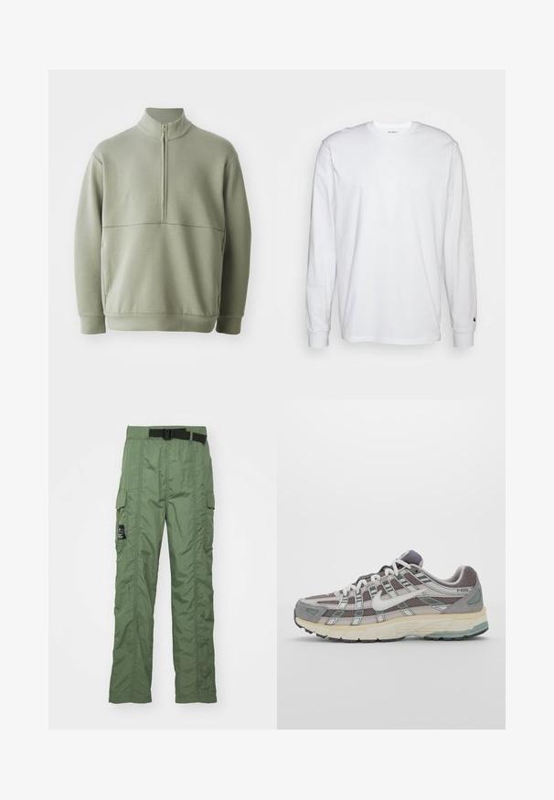 Világos zöld, hosszú ujjú pulóver magas gallérral és fél cipzárral. Puha tapintású, a mellkas fölött vízszintes varrási részlettel.; Fehér, hosszú ujjú, pamut póló. Kerek nyakú kialakítás, bordázott mandzsetták és egy kis logó a bal ujján. Simaság jellemzi.; Olíva zöld cargo nadrág, könnyű szövetből készült. Fekete övvel, oldalsó cargo zsebekkel és varrási részletekkel rendelkezik.; Szürke sportcipő, hálós és velúr felsőrésszel, fehér részletekkel, párnázott talppal és jellegzetes dizájnnal, amely visszaverő elemeket tartalmaz.
