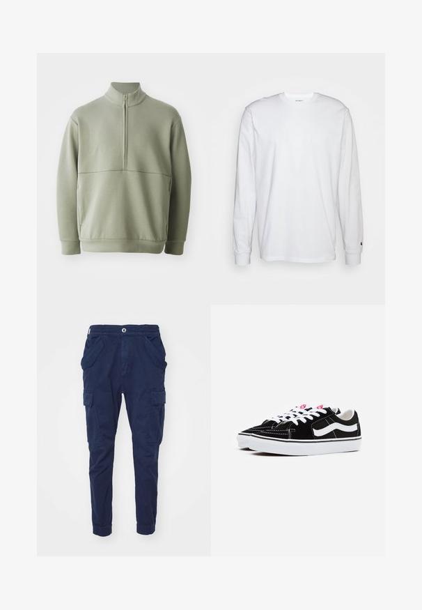 Lichtgroene, langslijve pullover met een hoge kraag en een halve rits. Zachte textuur met een horizontale naaddetails over de borst.; Witte lange mouwen T-shirt van katoen. Ronde hals ontwerp met ribgebreide manchetten en een klein logo op de linkermouw. Gladde textuur.; Marine cargobroek van katoen met een elastische tailleband, twee zijzakken en cargozakken op elke pijp. Smal toelopende pasvorm bij de enkel.; Zwarte suède sneakers met witte veters, met een opvallende witte zijstreep en een zwarte rubberen zool, die contrasterende stikdetails tonen.