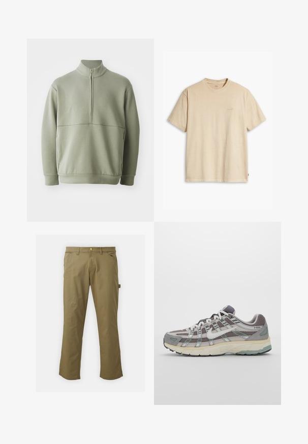 Hellgrüner Pulli mit langen Ärmeln, hohem Kragen und halbem Reißverschluss. Weiche Textur mit einer horizontalen Nahtdetails über der Brust.; Beige Baumwoll-T-Shirt mit Rundhalsausschnitt und kurzen Ärmeln. Verfügt über ein dezentes "Levi's"-Logo in der gleichen Farbe auf der Brust. Weiche Textur.; Khakihosen aus glattem Stoff mit Knopfverschluss, Gürtelschlaufen, zwei Fronttaschen und einer Seitentasche im geraden Bein-Design.; Grauer Sportschuh mit einem Obermaterial aus Mesh und Wildleder, weißen Akzenten, einer gepolsterten Sohle und einem charakteristischen Design mit reflektierenden Elementen.