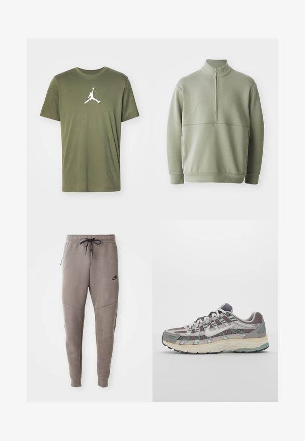 Világos zöld, hosszú ujjú pulóver magas gallérral és fél cipzárral. Puha tapintású, a mellkas fölött vízszintes varrási részlettel.; Jordan JUMPMAN SHORT SLEEVE CREW - Sportfelső - medium olive/white; Szürke Nike melegítőnadrág húzózsinórral a deréknál, keskeny lábakkal, oldalsó zsebekkel és jellegzetes varrás részletekkel. Puha, texturált anyag.; Szürke sportcipő, hálós és velúr felsőrésszel, fehér részletekkel, párnázott talppal és jellegzetes dizájnnal, amely visszaverő elemeket tartalmaz.