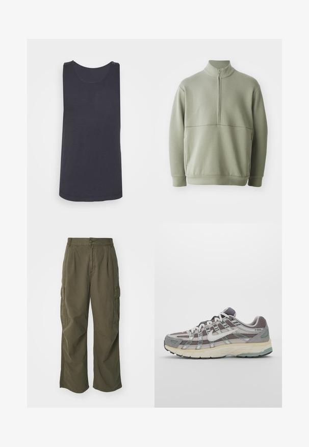 Gaiši zaļš, garām piedurknēm, džemperis ar augstu apkakli un pusi rāvējslēdzēju. Mīksta tekstūra ar horizontālu šuvju detaļu krūšu rajonā.; Melns bezpiedurkņu tshirts ar apaļu apkakli, izgatavots no gludas auduma, ar neuzkrītošu tekstūru un izliekumu apakšā.; Olīvu zaļas kravas bikses, izgatavotas no kokvilnas, ar platām kājām, ar krokām un sānu kabatām funkcionālitātes nolūkos.; Pelēkie sporta apavi ar tīkla un zamša augšdaļu, baltiem akcentiem, mīkstinātu zoli un izcilu dizainu ar atstarotājiem.