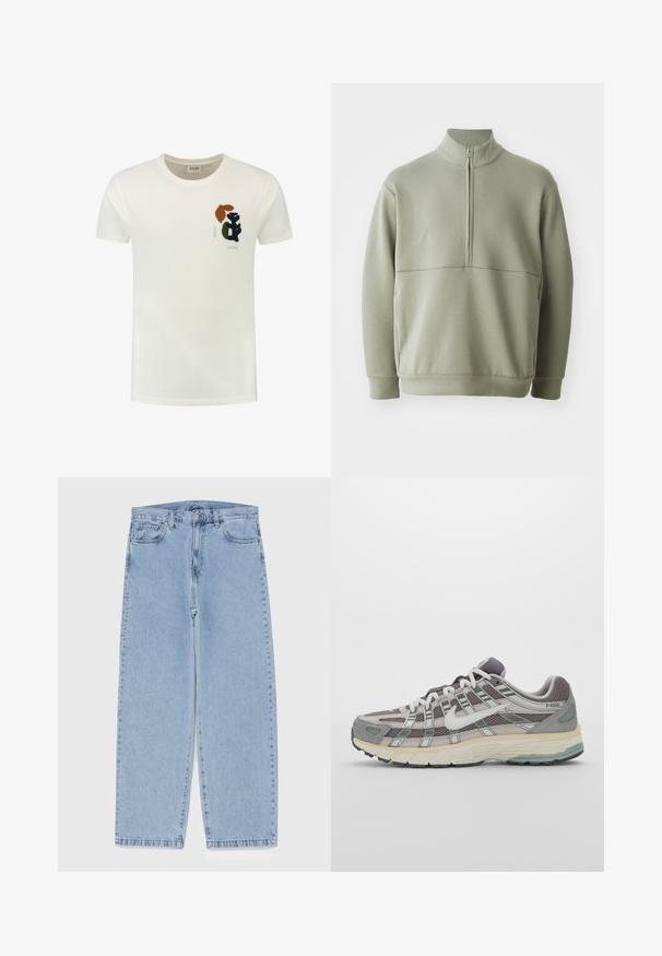 Šviesiai žalias, ilgos rankovės megztinis su aukšta apykakle ir pusiau užtrauktuku. Minkšta tekstūra su horizontalia siūle per krūtinę.; Kreminės spalvos medvilninė marškinė su apvaliu kaklu ir trumpomis rankovėmis. Išskirtinė tamsiai žalios, rudos ir juodos spalvos siuvinėta grafika ant krūtinės.; Šviesiai mėlyni džinsai su tiesiomis kojomis, turintys vidutinio aukščio juosmenį, penkias kišenes ir mygtuko bei užtrauktuko uždarymą.; Pilkas sportinis batas su tinklu ir zomšos viršutine dalimi, baltomis detalėmis, paminkštintu padu ir išskirtiniu dizainu su atspindinčiais elementais.