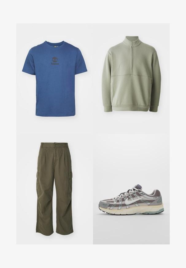 Gaiši zaļš, garām piedurknēm, džemperis ar augstu apkakli un pusi rāvējslēdzēju. Mīksta tekstūra ar horizontālu šuvju detaļu krūšu rajonā.; Zila kokvilnas T-kreklā arapaļo kaklu, īsām piedurknēm un melnu Timberland logo uzkrūšu. Gluda tekstūra, ikdienišķs dizains.; Olīvu zaļas kravas bikses, izgatavotas no kokvilnas, ar platām kājām, ar krokām un sānu kabatām funkcionālitātes nolūkos.; Pelēkie sporta apavi ar tīkla un zamša augšdaļu, baltiem akcentiem, mīkstinātu zoli un izcilu dizainu ar atstarotājiem.