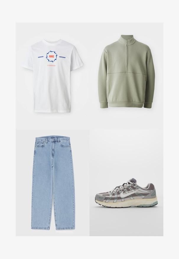 Pullover verde claro de mangas longas com colarinho alto e fecho de correr de meio comprimento. Textura suave com um detalhe de costura horizontal na zona do peito.; T-shirt Nike de mangas curtas brancas com círculo azul do swoosh e texto vermelho "NIKE", além de "ENGINEERED SPORTSWEAR" em azul e um pequeno slogan vermelho abaixo.; Jeans de denim azul claro com design de perna reta, apresentando uma cintura de altura média, cinco bolsos e um fecho de botão e zíper.; Sapatilha atlética cinza com parte superior em malha e camurça, detalhes brancos, sola acolchoada e um design distinto com elementos refletivos.