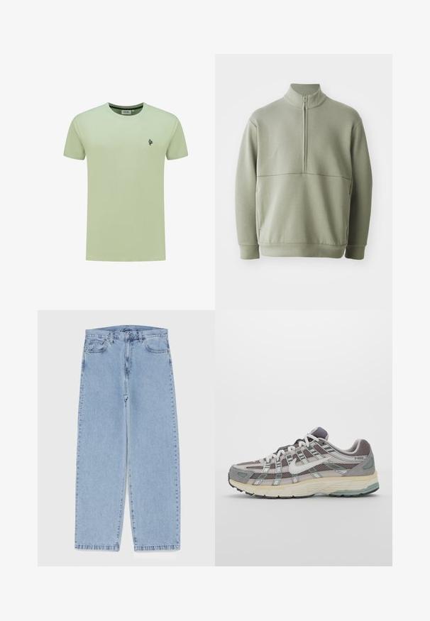 Šviesiai žalias, ilgos rankovės megztinis su aukšta apykakle ir pusiau užtrauktuku. Minkšta tekstūra su horizontalia siūle per krūtinę.; Šviesiai žalia trumpa rankovė marškinėliai iš medvilnės. Yra apvalus iškirpimas ir mažas juodas kaktusas logo kairiajame krūtinės plote.; Šviesiai mėlyni džinsai su tiesiomis kojomis, turintys vidutinio aukščio juosmenį, penkias kišenes ir mygtuko bei užtrauktuko uždarymą.; Pilkas sportinis batas su tinklu ir zomšos viršutine dalimi, baltomis detalėmis, paminkštintu padu ir išskirtiniu dizainu su atspindinčiais elementais.