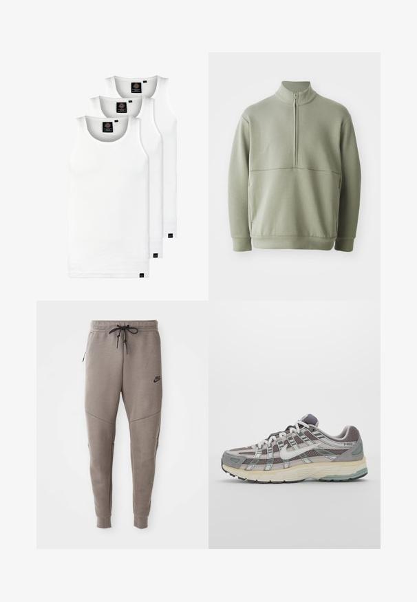 Világos zöld, hosszú ujjú pulóver magas gallérral és fél cipzárral. Puha tapintású, a mellkas fölött vízszintes varrási részlettel.; Három fehér csíkos pamut trikó. Felső része kerek nyakkivágású, és a szegély közelében kis fekete címkék találhatók. Több méretben elérhető.; Szürke Nike melegítőnadrág húzózsinórral a deréknál, keskeny lábakkal, oldalsó zsebekkel és jellegzetes varrás részletekkel. Puha, texturált anyag.; Szürke sportcipő, hálós és velúr felsőrésszel, fehér részletekkel, párnázott talppal és jellegzetes dizájnnal, amely visszaverő elemeket tartalmaz.