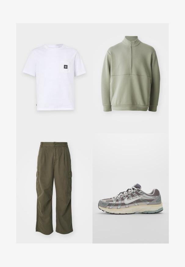 Hellgrüner Pulli mit langen Ärmeln, hohem Kragen und halbem Reißverschluss. Weiche Textur mit einer horizontalen Nahtdetails über der Brust.; Weißes T-Shirt mit kurzen Ärmeln aus Baumwolle, ausgestattet mit einer Brusttasche und einem schwarzen Etikett. Einfaches Design und reguläre Passform.; Cargo-Hosen in Olivgrün, aus Baumwolle, mit weitem Bein, Falten und seitlichen Taschen für Funktionalität.; Grauer Sportschuh mit einem Obermaterial aus Mesh und Wildleder, weißen Akzenten, einer gepolsterten Sohle und einem charakteristischen Design mit reflektierenden Elementen.