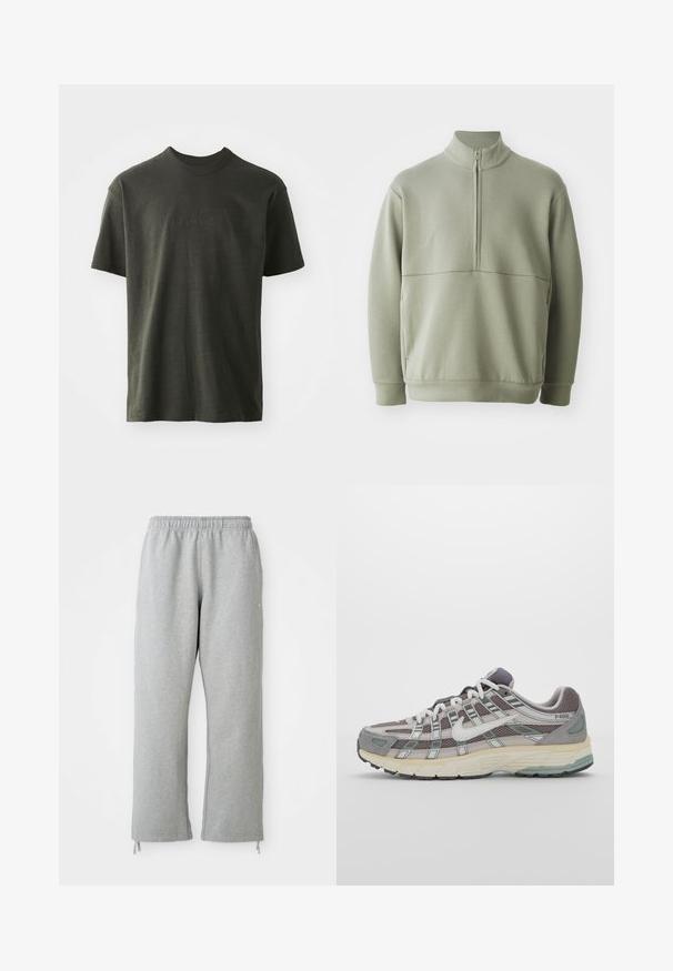 Lys grønn, langermet genser med høy krage og halv glidelås. Myk tekstur med horisontal sømdetalj over brystet.; Mørkegrønn t-skjorte laget av mykt stoff, med rund hals og korte ermer. Brodert "nike"-logo i en litt mørkere grønnfarge.; Grå joggebukser med elastisk midje, rette ben og snor i hemmet. Laget av myk, strukturert stoff.; Grå treningssko med overdel i nett og semsket skinn, hvite detaljer, en polstret såle, og et særpreget design med reflekterende elementer.