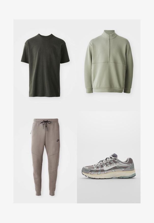 Light green, long-sleeve pullover with a high collar and half zipper. Soft texture with a horizontal seam detail across the chest.; Dark green t-shirt made of soft fabric, featuring a crew neck and short sleeves. Embroidered "nike" logo in a slightly darker green.; Gray Nike sweatpants with a drawstring waistband, tapered legs, side pockets, and distinct seam detailing. Soft, textured fabric.; Gray athletic shoe featuring a mesh and suede upper, white accents, a cushioned sole, and a distinctive design with reflective elements.